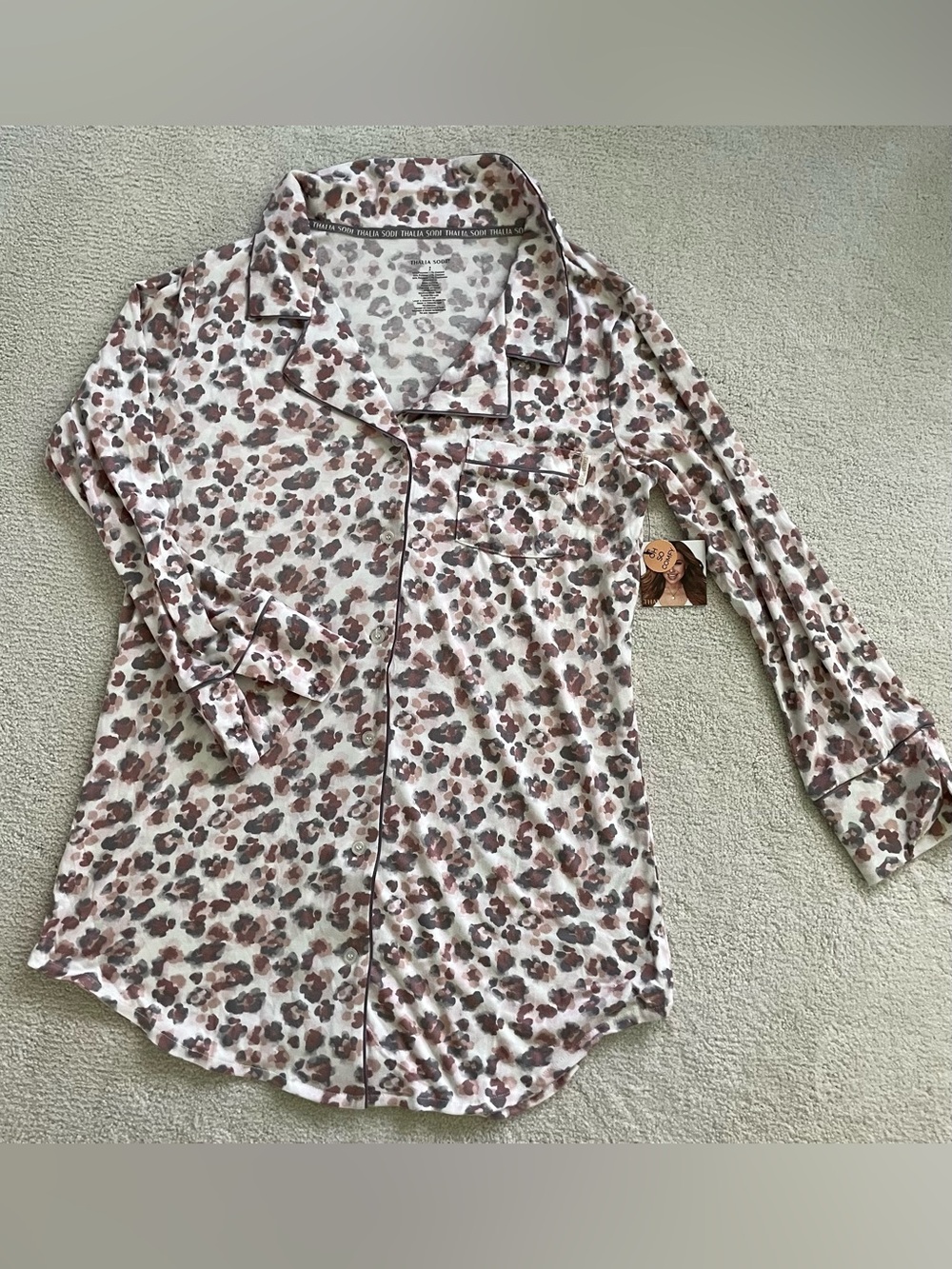 Thalia Sodi Pink and Brown Leopard Print Button-Front Pajama Long Sleep Top